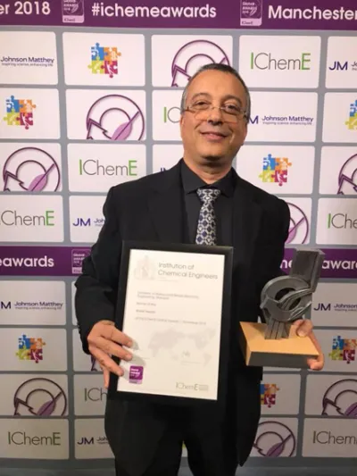 Professor Mohamed Kheireddine who has won the “IChemE 2018 Global Award in Water Category on 1 November 2018 at The Principal Hayley Hotel in Manchester, United Kingdom.