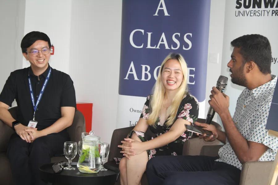 From left, Jason Soh (author of Career &amp; Employability), Sandra Khoo (PichaEats) and Manik Rege (author of Tired 2 Hired)