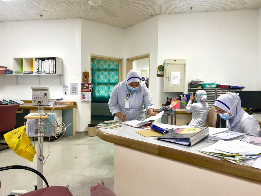 Staff nurses at Selayang Hospital’s postnatal ward. Once a first class ward, it now serves as a ward for post-delivery care after the Covid-19 pandemic.