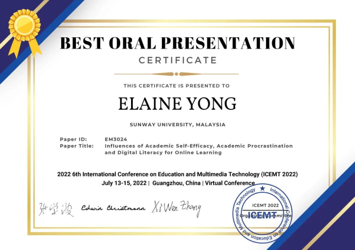 best oral presentation certificate