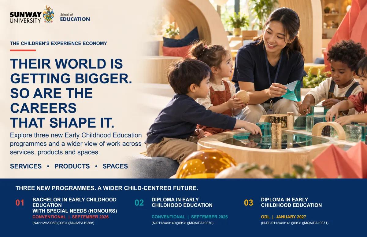 Campaign illustration of an education professional facilitating a tactile learning activity with a diverse group of children, alongside information on three new Early Childhood Education programmes. 